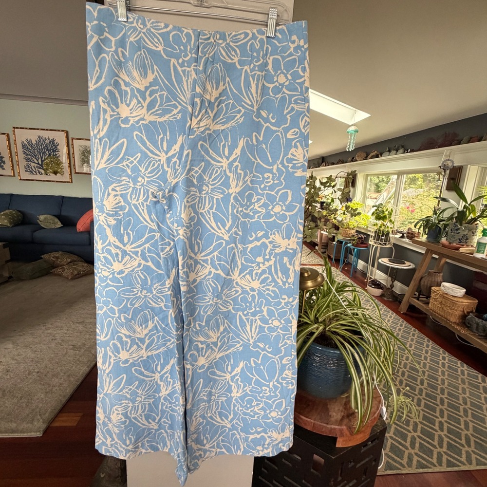 Zara Wide Leg Pants Womens XL Blue Floral Excellent High Waist Coastal Boho